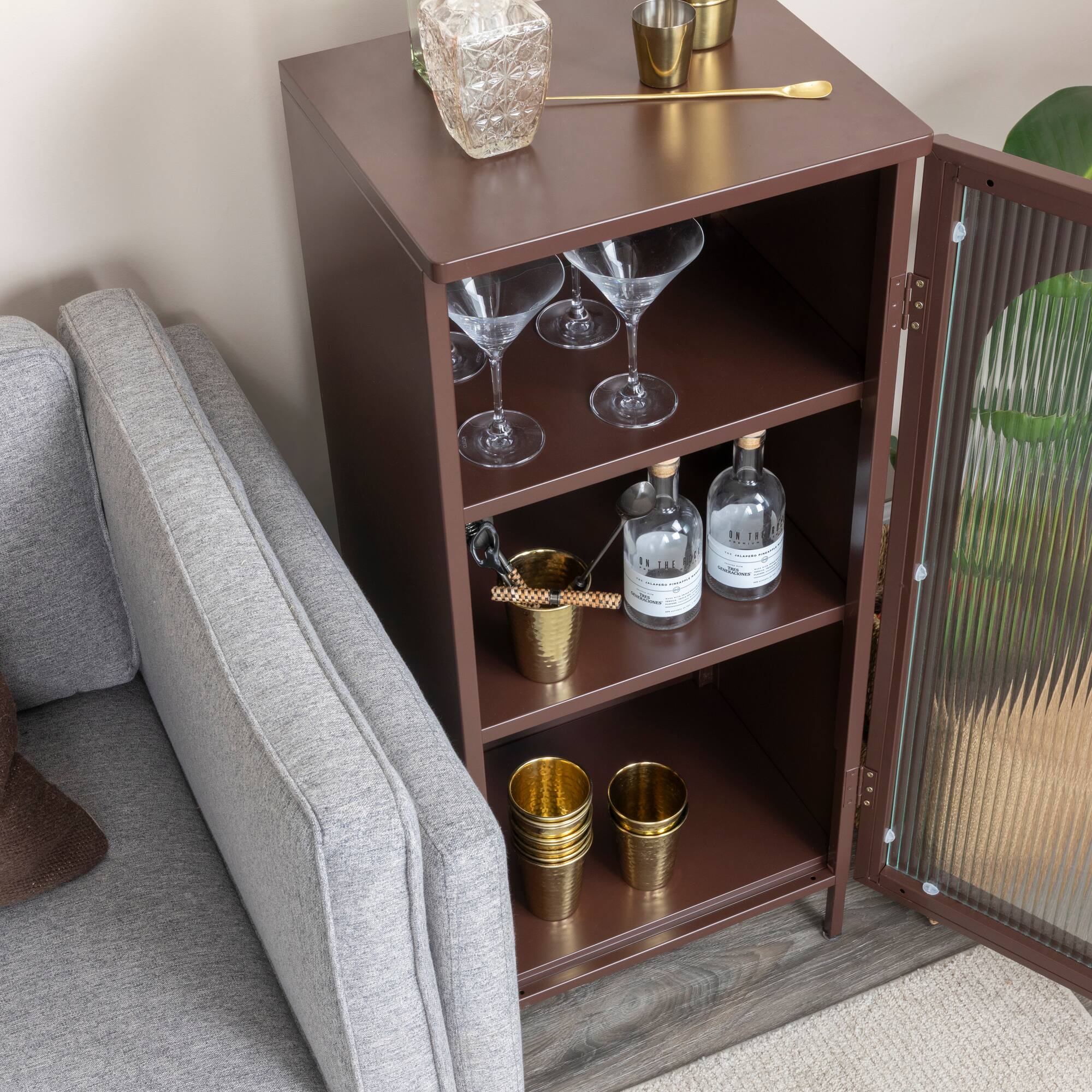 Hello Honey® 40" Solstice Narrow Metal Accent Cabinet with Adjustable Storage Shelves and Arched Glass Door